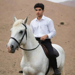 A 25-year-old Iranian Muslim boy, dressed in a white shirt and black pants, is riding a horse.