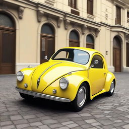 Generate detailed images of a hybrid vehicle that combines the characteristics of a modern Lamborghini and a classic Fiat 600 Topolino