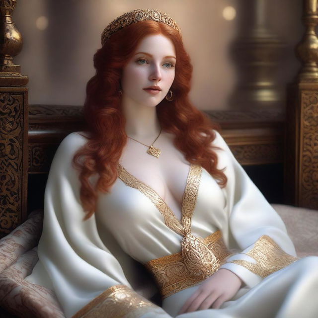 Create a full-body realistic image of a busty, fair-skinned redhead priestess