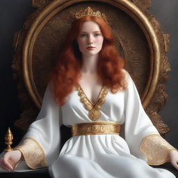 Create a full-body realistic image of a busty, fair-skinned redhead priestess