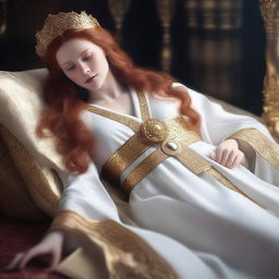 Create a full-body realistic image of a busty, fair-skinned redhead priestess