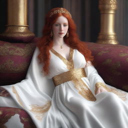 Create a full-body realistic image of a busty, fair-skinned redhead priestess