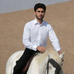 A 25-year-old Iranian Muslim boy, dressed in a white shirt and black pants, is riding a horse.