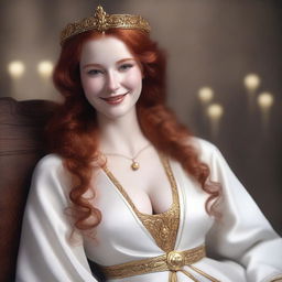 Create a full-body realistic image of a busty, fair-skinned redhead priestess