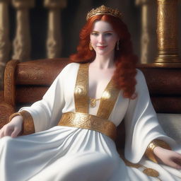 Create a full-body realistic image of a busty, fair-skinned redhead priestess