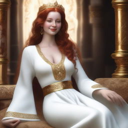 Create a full-body realistic image of a busty, fair-skinned redhead priestess