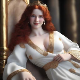 Create a full-body realistic image of a busty, fair-skinned redhead priestess