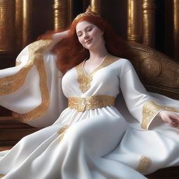 Create a full-body realistic image of a busty, fair-skinned redhead priestess