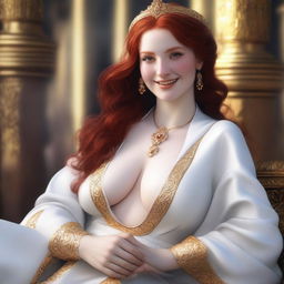 Create a full-body realistic image of a busty, fair-skinned redhead priestess