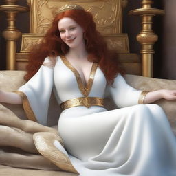 Create a full-body realistic image of a busty, fair-skinned redhead priestess