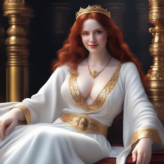 Create a full-body realistic image of a busty, fair-skinned, beautiful redhead priestess