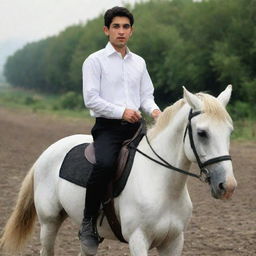 A 25-year-old Iranian Muslim boy, dressed in a white shirt and black pants, is riding a horse.