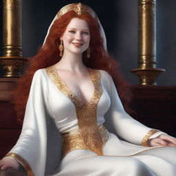 Create a full-body realistic image of a busty, fair-skinned, beautiful redhead priestess