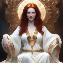 Create a full-body realistic image of a busty, fair-skinned, beautiful redhead priestess