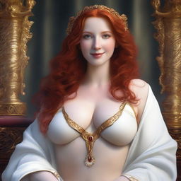 Create a full-body realistic image of a busty, fair-skinned, beautiful redhead priestess