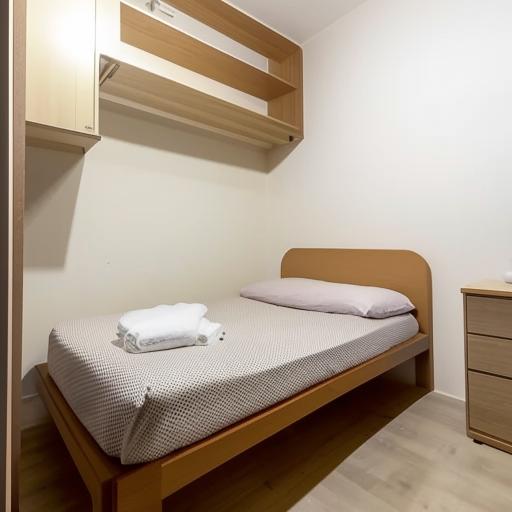 Small room featuring a cozy bed, a multipurpose table, a fixed cupboard and a movable cupboard, adjacent to an attached bathroom.