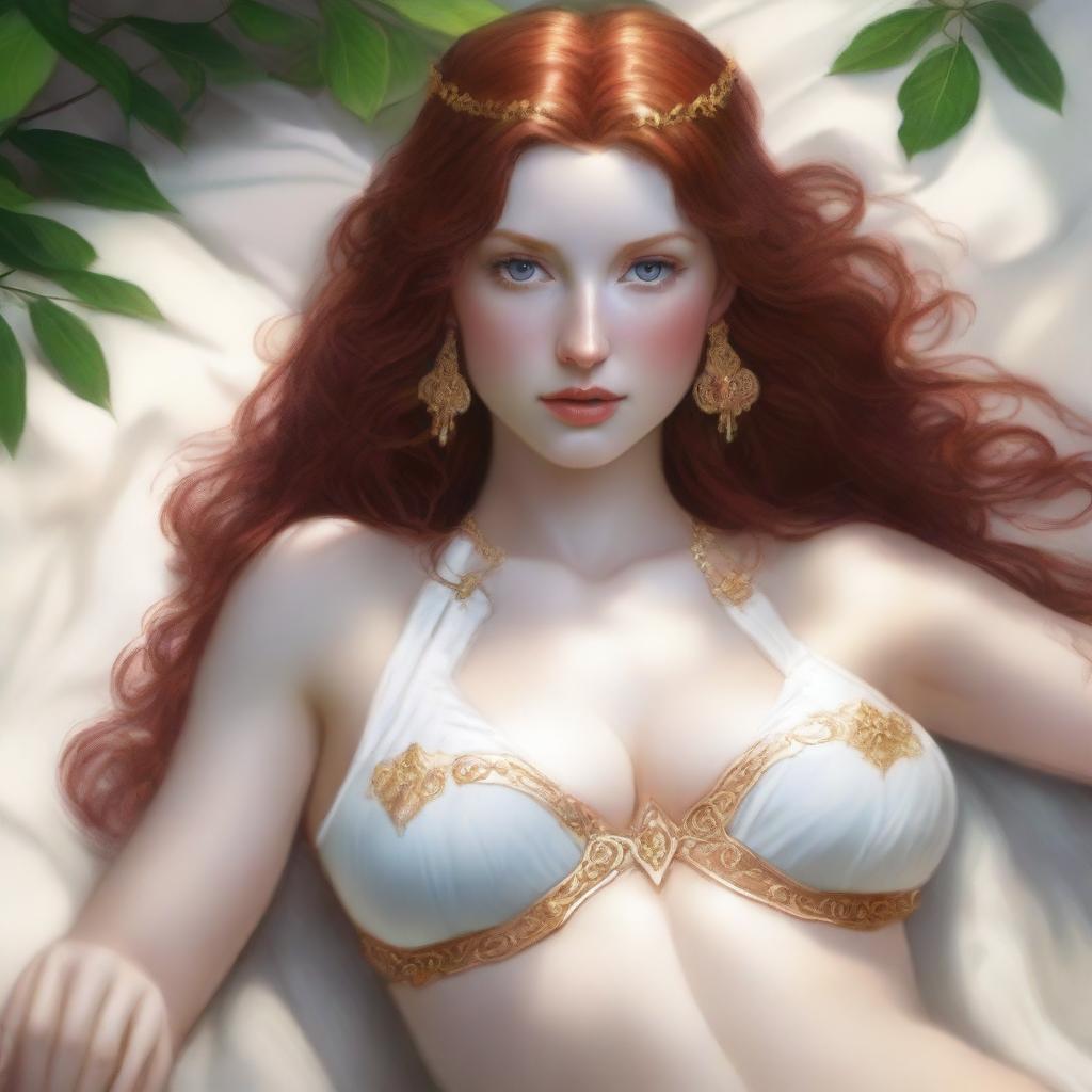 Create a full-body realistic image of a busty, fair-skinned, beautiful redhead priestess