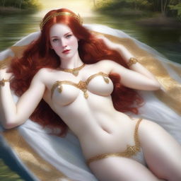 Create a full-body realistic image of a busty, fair-skinned, beautiful redhead priestess