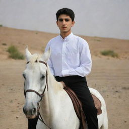 A 25-year-old Iranian Muslim boy, dressed in a white shirt and black pants, is riding a horse.