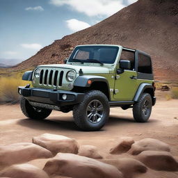 Create realistic images of a hybrid vehicle that combines the power and classic style of the Jeep Wrangler with the compact and fun design of the Fiat 500