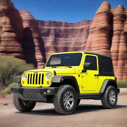 Create realistic images of a hybrid vehicle that combines the power and classic style of the Jeep Wrangler with the compact and fun design of the Fiat 500