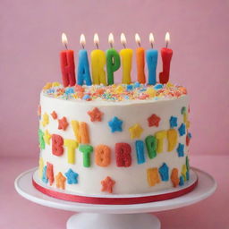 A festive and vibrant birthday cake adorned with colorful candles and sugar confectioneries, topped with the phrase 'Happy Birthday' in sparkling edible letters.