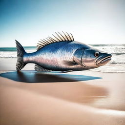 A gigantic fish stranded on a beach, its scales glistening under the sun