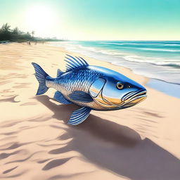 A gigantic fish stranded on a beach, its scales glistening under the sun