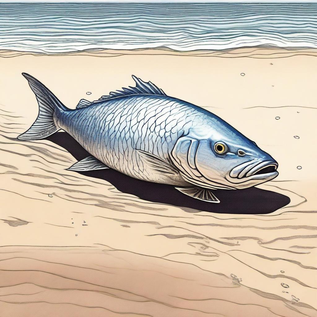 A gigantic fish stranded on a beach, its scales glistening under the sun