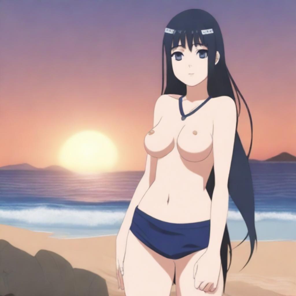 Hinata from the Naruto series wearing a sexy bikini, posing on a beach