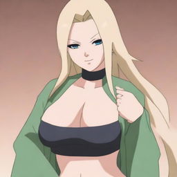 Tsunade from the Naruto series depicted in an anime style with an emphasis on her large breasts