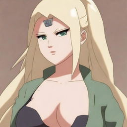 Tsunade from the Naruto series depicted in an anime style with an emphasis on her large breasts