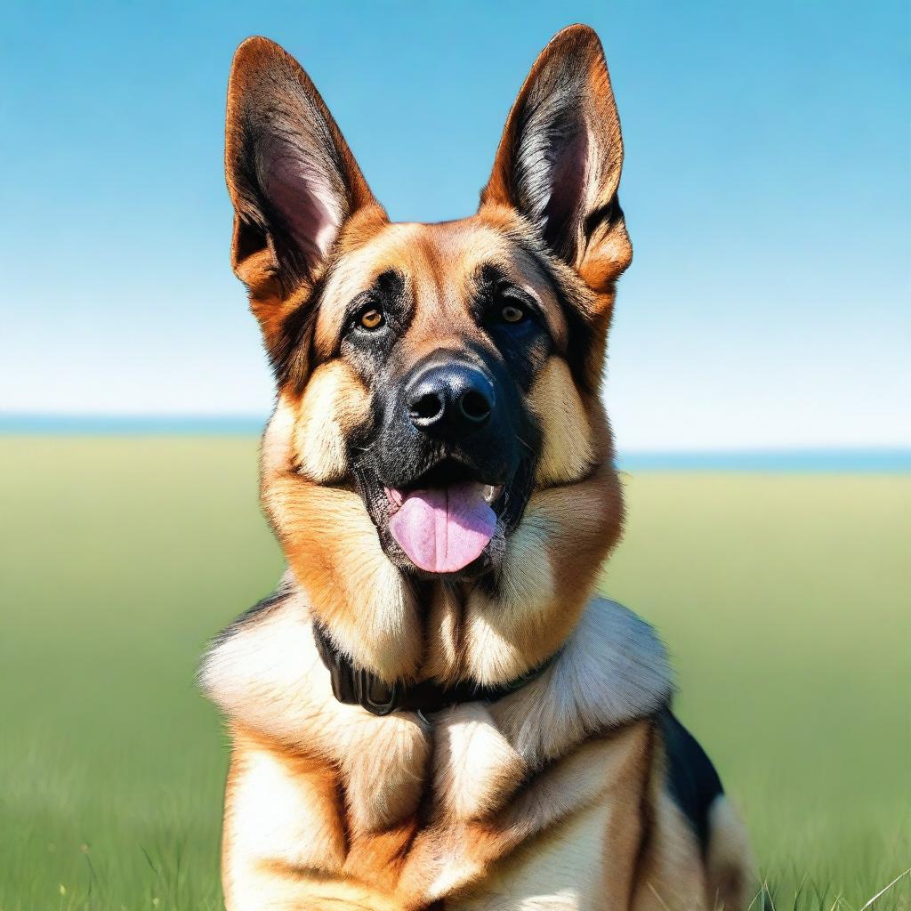 A detailed and realistic image of a German Shepherd Dog standing in a grassy field under a clear blue sky