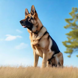 A detailed and realistic image of a German Shepherd Dog standing in a grassy field under a clear blue sky