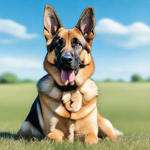 A detailed and realistic image of a German Shepherd Dog standing in a grassy field under a clear blue sky