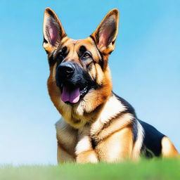 A detailed and realistic image of a German Shepherd Dog standing in a grassy field under a clear blue sky