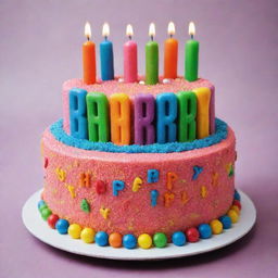 A festive and vibrant birthday cake adorned with colorful candles and sugar confectioneries, topped with the phrase 'Happy Birthday' in sparkling edible letters.