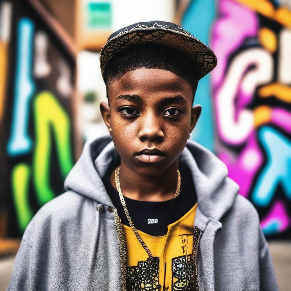 A portrait of an African-American 11-year-old boy rapper named Lil Nunes