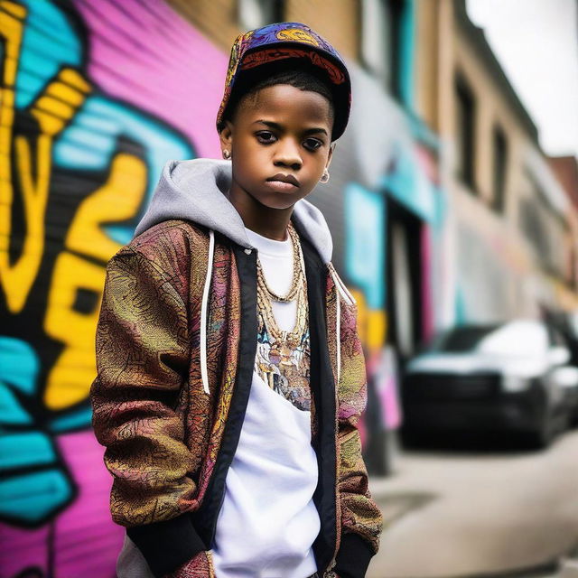 A portrait of an African-American 11-year-old boy rapper named Lil Nunes