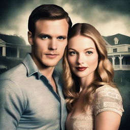 Create a book cover featuring actors Chris Wood and Melissa Benoist with a dark filter