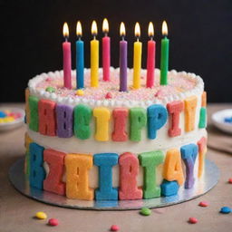 A festive and vibrant birthday cake adorned with colorful candles and sugar confectioneries, topped with the phrase 'Happy Birthday' in sparkling edible letters.