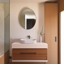 An elegant and modern washroom, featuring a stylish vanity design, an attractive washbasin, and a spacious closet designed seamlessly within the washroom