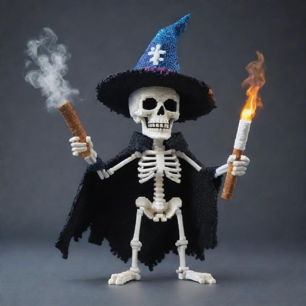 A pixellated skeleton with a whimsical wizard hat, clutching a pixel cigar that exudes wafts of pixel smoke. The skeleton sports a mischievous grin, embodying a cool, unique character.