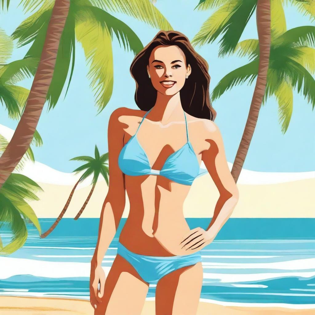 A confident woman enjoying a sunny day on the beach, dressed in swimwear