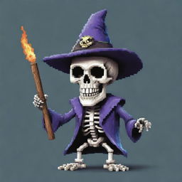 A pixellated skeleton with a whimsical wizard hat, clutching a pixel cigar that exudes wafts of pixel smoke. The skeleton sports a mischievous grin, embodying a cool, unique character.