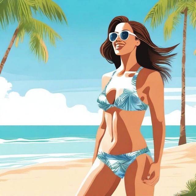 A confident woman enjoying a sunny day on the beach, dressed in swimwear