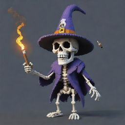 A pixellated skeleton with a whimsical wizard hat, clutching a pixel cigar that exudes wafts of pixel smoke. The skeleton sports a mischievous grin, embodying a cool, unique character.