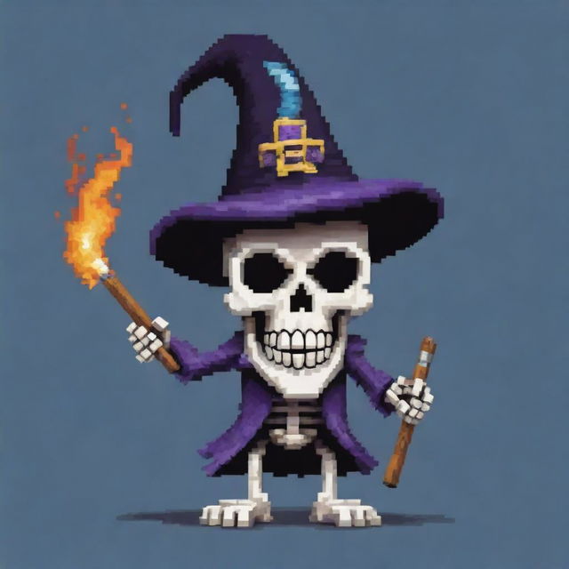 A pixellated skeleton with a whimsical wizard hat, clutching a pixel cigar that exudes wafts of pixel smoke. The skeleton sports a mischievous grin, embodying a cool, unique character.