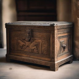 A detailed wooden chest with intricate carvings and metal accents, sitting on a stone floor in a dimly lit room