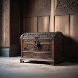 A detailed wooden chest with intricate carvings and metal accents, sitting on a stone floor in a dimly lit room